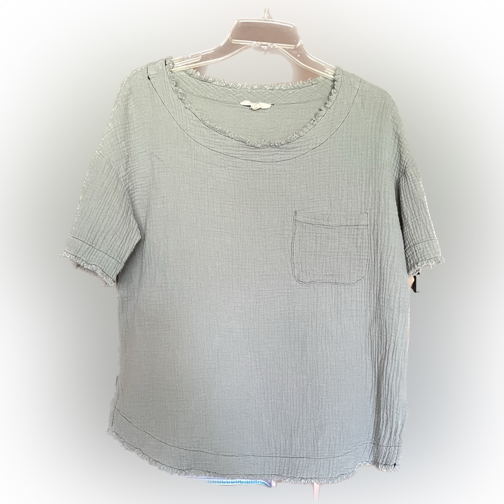 Entro Sage Green Top, Front Pocket Fringe Detail 100% Cotton